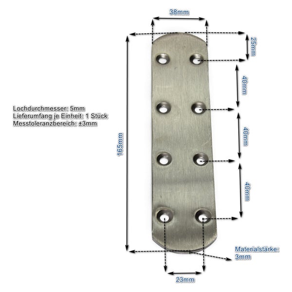 Gerader Lochplattenverbinder aus Metall mit 165 Millimetern Länge, 38 Millimetern Breite und 3 Millimetern Stärke inklusive Bemaßungszeichnung.