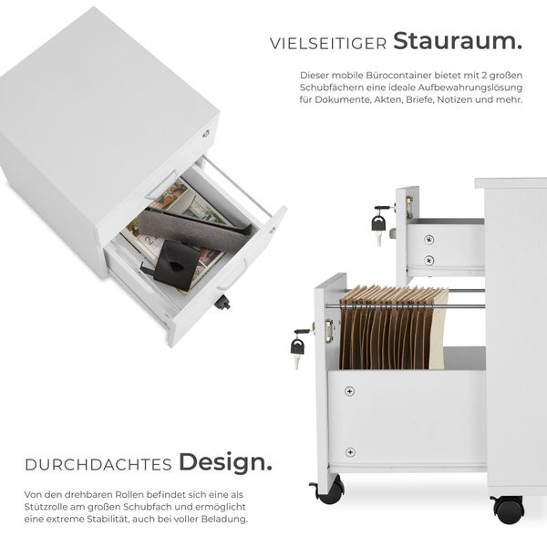 Bürocontainer mit zwei Schubladen und Rollen für Bürobedarf