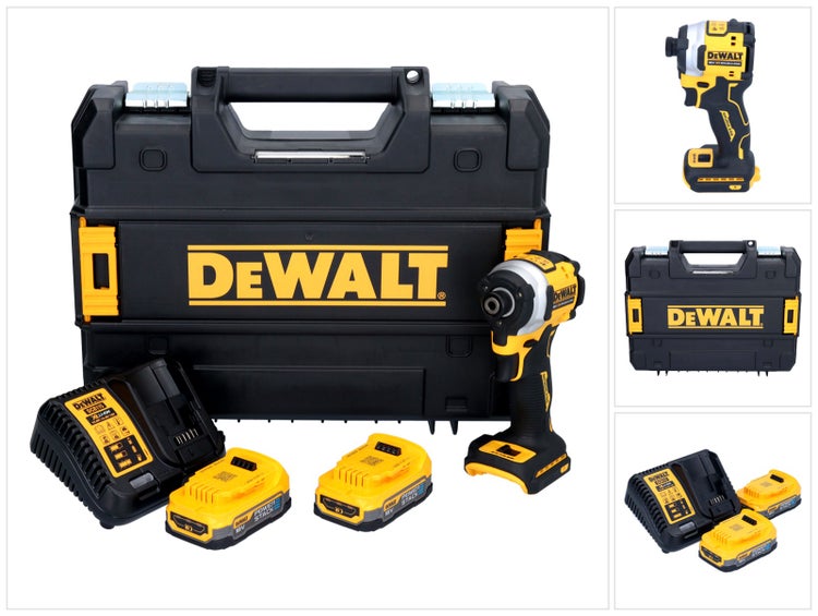 DeWalt Akku Schlagschrauber Set mit zwei Powerstack Akkus, Ladegerät und Transportkoffer.