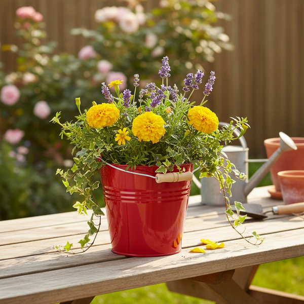 Roter Metalleimer mit Holzgriff als Pflanzgefäß, bepflanzt mit gelben Studentenblumen, lila Lavendel und Efeu auf einem Holztisch im Garten.