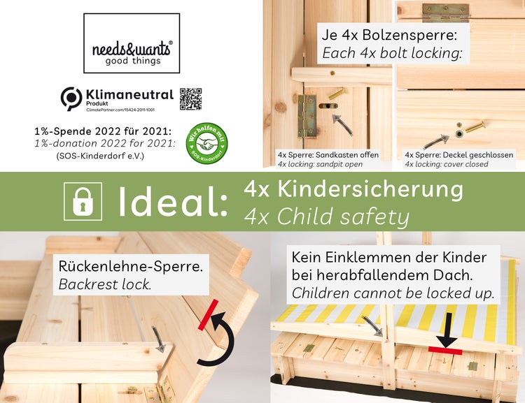 needs&wants® Sandkasten mit Abdeckung Dach Deckel Sitzbank und Boden, Sandkiste Holz quadratisch verschließbar UV-Sonnenschutz mit Bank Outdoor Garten für Kinder, Tanne gelb weiß braun