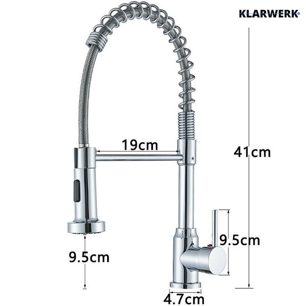 Klarwerk Spültischarmatur mit Spiralfeder-Auslauf und Brause, Höhe 41 Zentimeter, Breite 19 Zentimeter, Einhebelmischer.