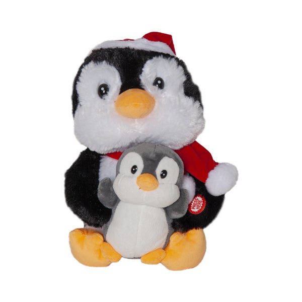 Plüschtier Pinguin mit Weihnachtsmütze und Schal, hält kleines Pinguin Plüschtier