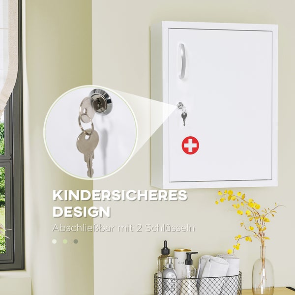 kleankin Medizinschrank, Apothekerschrank mit 3 Fächern, Abschließbarer Medikamentenschrank für Wandmontage, Erste Hilfe Schrank, Arzneischrank mit 2 Schlüsseln, Stahl, Weiß, 40 x 15 x 53,5 cm