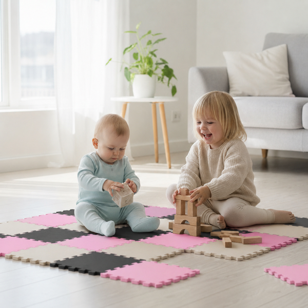 Zwei Kinder spielen auf einer modularen Schaumstoffmatte aus ineinandergreifenden Puzzleteilen in einem hellen, freundlichen Wohnzimmer.