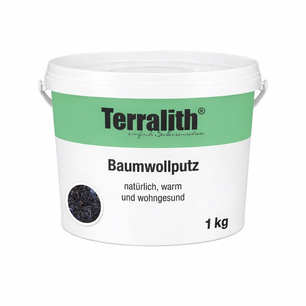 Terralith Baumwollputz im 1 Kilogramm Eimer, natürliche Wandbeschichtung für ein gesundes Wohnklima.