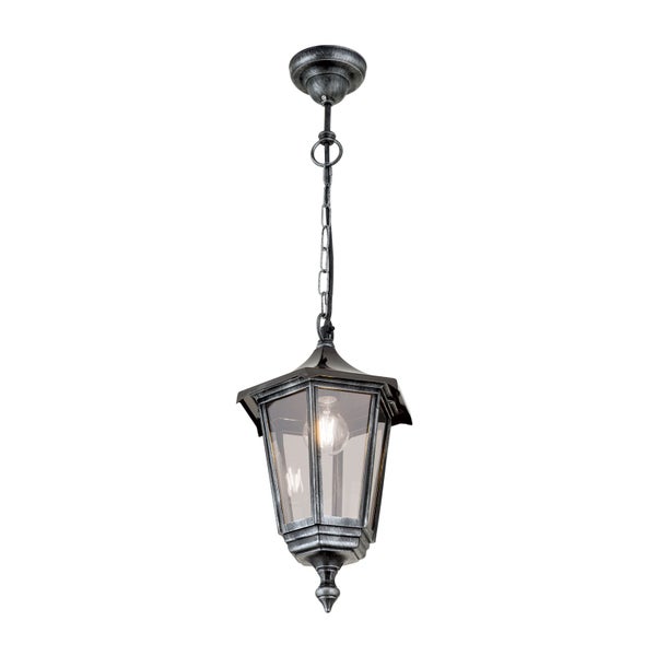 Außenpendelleuchte in Laternenform aus Metall und Glas mit Kettenaufhängung und antik-silbernem Finish.