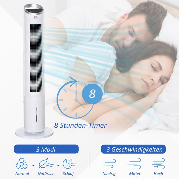 HOMCOM Luftkühler mit Wasserkühlung, Turmventilator mit Luftbefeuchtung, 8h Timer, Nutzungsraum 20㎡, 60W, Ø30 x 100,8H cm, ABS, Weiß
