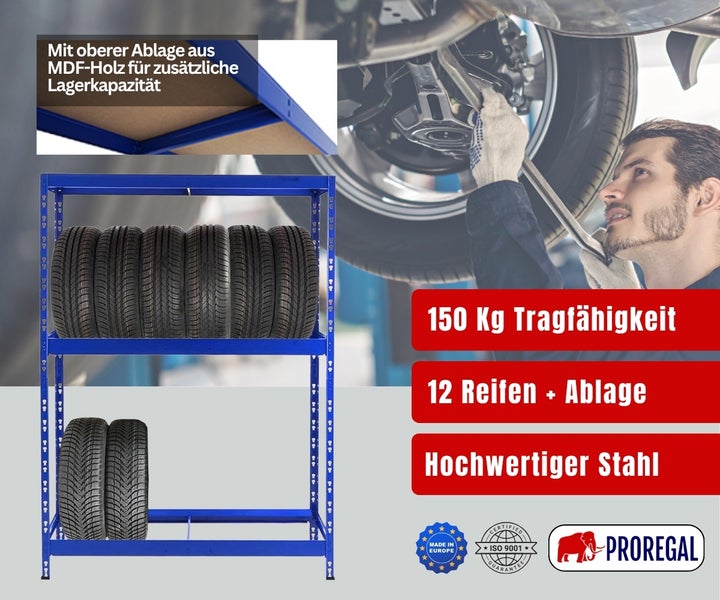 Stahl-Reifenregal mit Holzfaserplatte für 12 Reifen, 150 Kilogramm Tragkraft, in Europa hergestellt, ISO 9001 zertifiziert, PROREGAL Logo.