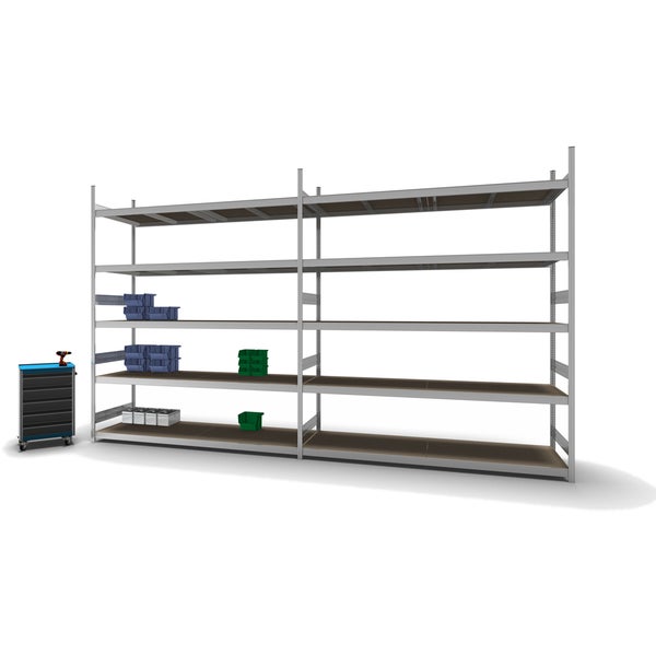 PROREGAL Weitspannregal Stecksystem T-Profil Grundregal HxBxT 300x250x80 cm 5 Ebenen Spanplatten Fachboden Fachlast 350 kg Verzinkt