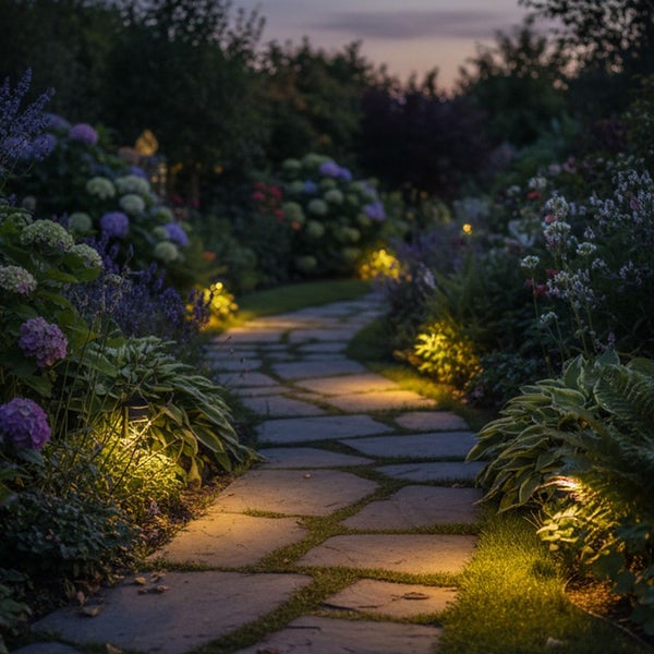 Ein geschwungener Gartenweg aus Natursteinplatten, beleuchtet durch warmweiße Gartenstrahler inmitten von Hortensien und Stauden in der Dämmerung.