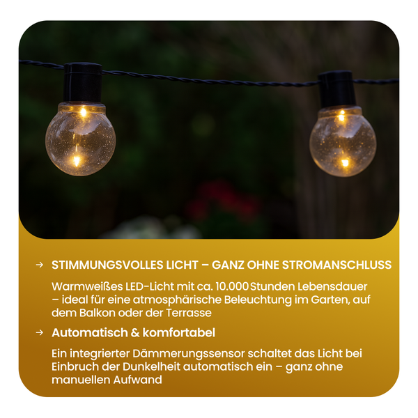 Lichterkette mit warmweißen LED Lichtern für Garten, Balkon oder Terrasse