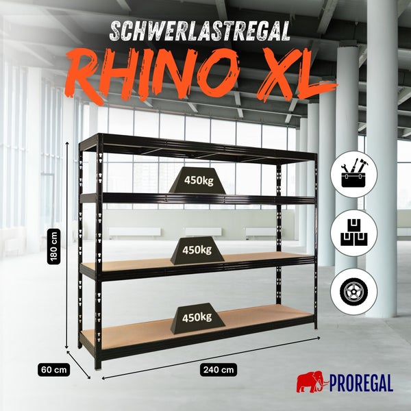 Schwarzes Proregal Schwerlastregal Rhino XL, Metall, Holz, 180 Zentimeter hoch, 240 breit, 60 tief, 450 Kilogramm pro Boden. Proregal Logo