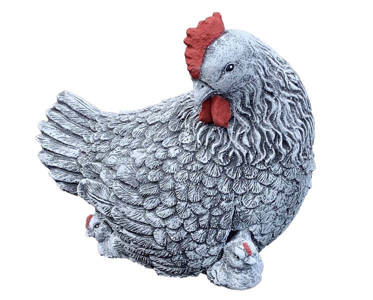 Gartenfigur Huhn mit Küken aus Steinguss zur Gartendekoration