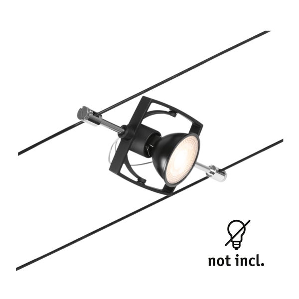 Schwarzer Strahler für Seilsysteme mit quadratischem Gehäuserahmen, Leuchtmittel nicht enthalten.