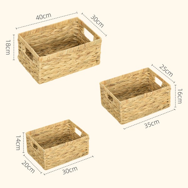 HOMCOM 3er-Set Aufbewahrungskorb, geflochtener Körbe aus Wasserhyazinthe, zum Aufbewahrung und Organisieren, für Wohnzimmer, Küche, Schlafzimmer, Naturholz