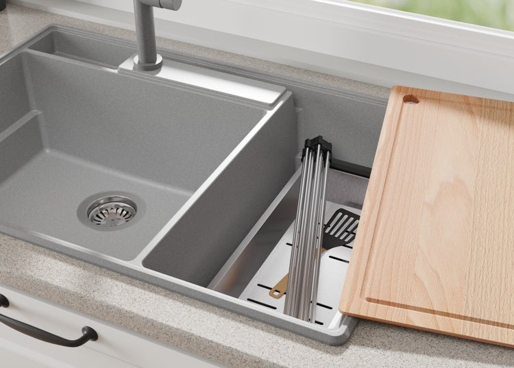 PRIMAGRAN Spülbecken Grau 78x53cm, Granitspüle 2 Becken + Ablauf-Set + Küchenzubehörset, Küchenspüle ab 80er Unterschrank - Paris