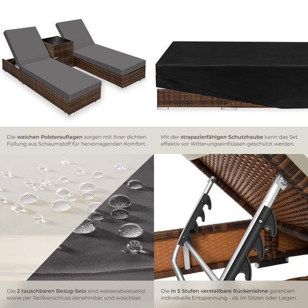 2er Set Rattan Sonnenliegen tectake  wetterfest und UV-beständig mit Aluminiumgestell braun