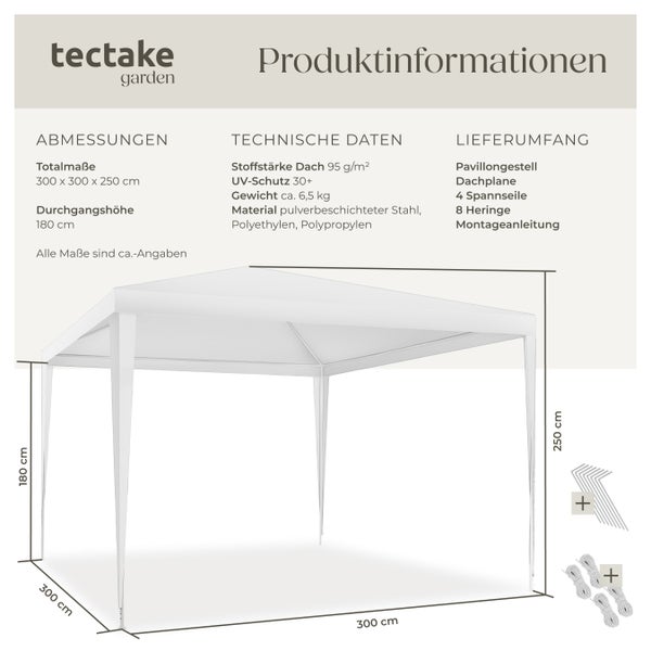 Pavillon tectake Farah wasserdicht 3 x 3 m weiß