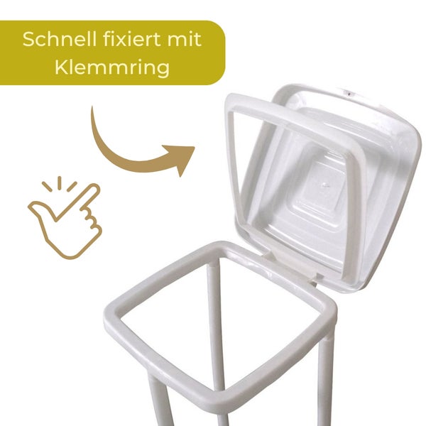Müllbeutelständer mit Klemmring zur schnellen Fixierung von Müllbeuteln.