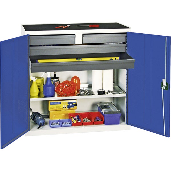 Stumpf Werkzeug- und Materialschrank Serie 3000 lichtgrau / enzianblau + 2 Schubladen 100 mm + 2 Schubladen 100 mm durchgehend + 1 Auszugsboden - 3007474