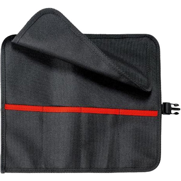 Schwarze Werkzeugrolltasche aus Textilgewebe mit rotem Akzent, mehreren Steckfächern und Steckverschluss.