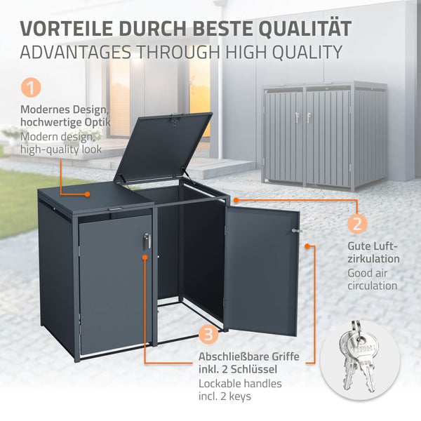 ML-Design Mülltonnenbox 3er für 3 Tonnen 240L 200x80x116,3 cm, Anthrazit, Stahl, wetterfest, Abschließbare Mülltonnenverkleidung mit Klappdeckel/3 Türen, Müllbox Mülltonnecontainer Mülltonnenabdeckung