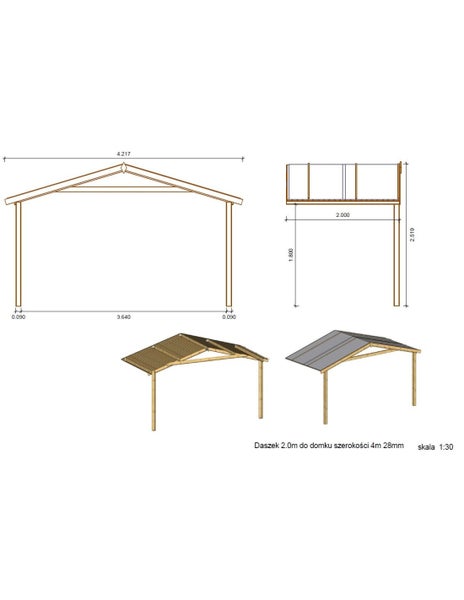 Technische Zeichnung eines Vordachs aus Holz mit Maßen für Breite circa 4,22 Meter und Tiefe 2 Meter.