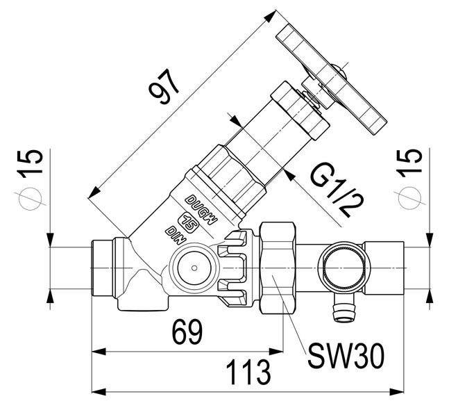 Technische Zeichnung eines Schrägsitzventils mit Maßangaben wie Gesamtlänge 113 Millimeter, Körperlänge 69 Millimeter und Höhe 97 Millimeter.