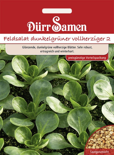 Samentüte Feldsalat dunkelgrüner vollherziger 2 von Dürr Samen mit wachsenden Pflanzen und einer Saatgutansicht.