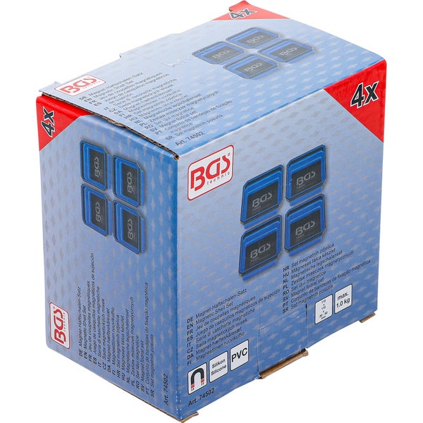 4-teiliger BGS technic Magnet-Haftschalen-Satz aus Silikon und PVC, Tragkraft bis zu 1 Kilogramm, mit BGS technic Logo.