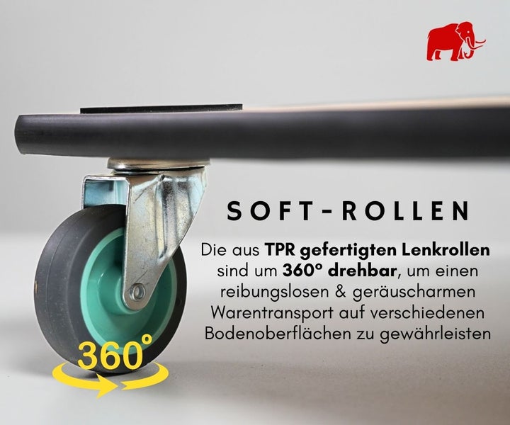 Lenkrolle aus thermoplastischem Gummi, um 360 Grad drehbar für leisen und reibungslosen Transport auf verschiedenen Böden. Wagner Logo.