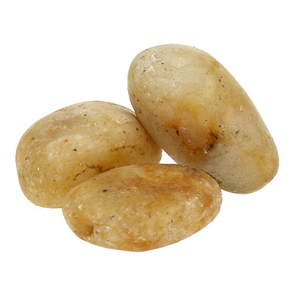 Drei glatte, abgerundete Zierkiesel aus Naturstein für Garten und Dekoration.