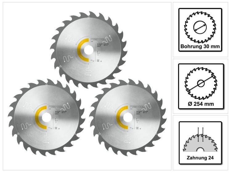 Festool Panther Kreissägeblatt Set 3x PW24 254 x 2,4 x 30 mm ( 3x 575974 ) für TKS 80 Tischkreissäge