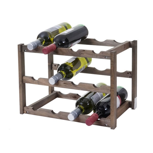 Weinregal aus Holz mit vier Weinflaschen