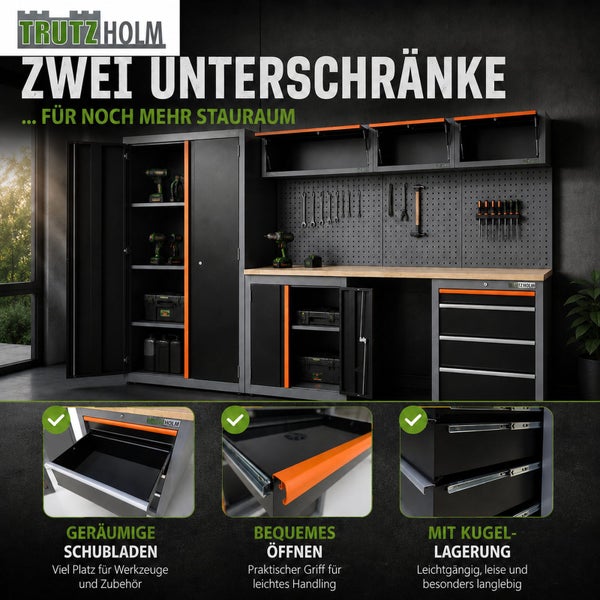 Trutzholm Werkstatteinrichtung mit Hochschrank, Werkbank, Lochwand und zwei Unterschränken mit kugelgelagerten Schubladen.