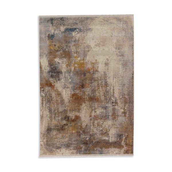 Rechteckiger Teppich mit abstraktem, verwaschenem Muster in Braun-, Blau- und Beigetönen.
