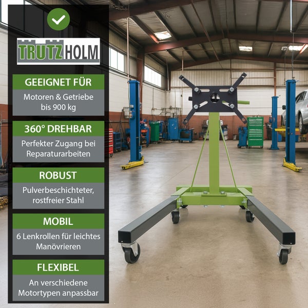 Motorständer mit sechs Lenkrollen im Werkstattbereich