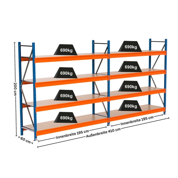 Regal mit vier Ebenen, belastbar mit 690 Kilogramm pro Ebene, Abmessungen 200 x 60 x 195 Zentimeter