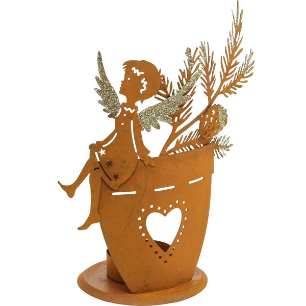 Dekorative Rostfigur mit Engel und Tanne für eine festliche Dekoration.