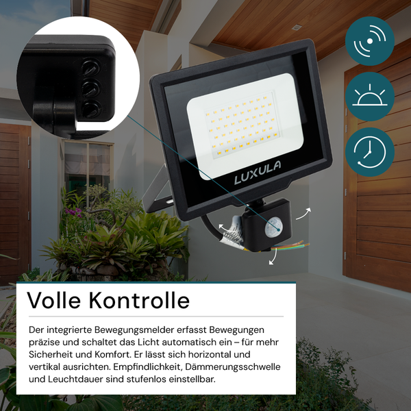 LUXULA LED Außenstrahler mit Bewegungsmelder 50W Strahler 4000K Neutralweiß 5000lm Fluter Schwarz IP65