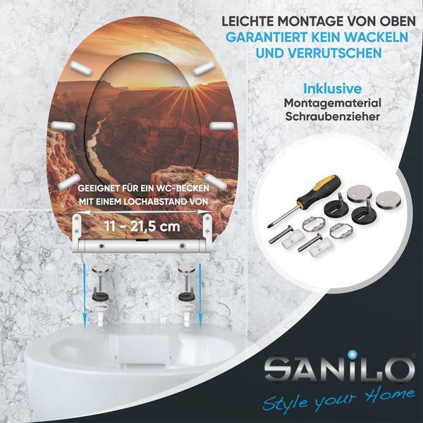 Toilettensitz Grand Canyon, verstellbarer Lochabstand 11 bis 21,5 Zentimeter, inklusive Montageset und Schraubendreher. Sanilo Logo.