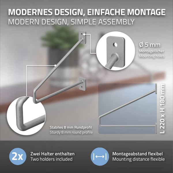 ML-Design 2 Stück Regalhalterung, 220 mm, Silber, aus Stahl, Haarnadel Regalhalterungen, Schwebe Regalwinkel, Hairpin Wandhalterung, Regalträger für Wandmontage, Industrielle Wandregal, Wandkonsole