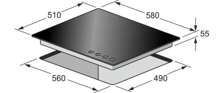 Maßzeichnung eines Einbau-Kochfelds mit Außenmaßen von 580 mal 510 Millimetern und Ausschnittmaßen von 560 mal 490 Millimetern.
