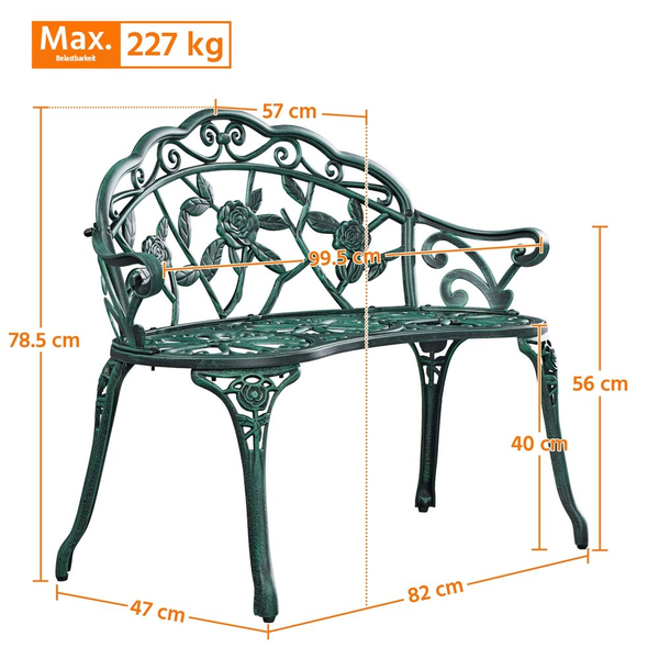 Gartenbank aus Metall mit Rosenmotiv, Breite 99,5 Zentimeter, Höhe 78,5 Zentimeter, Tiefe 57 Zentimeter, maximale Belastbarkeit 227 Kilogramm.