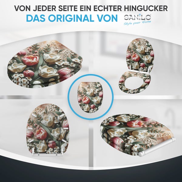 Sanilo WC Sitz mit Blumenmuster in verschiedenen Ansichten für Badezimmer.