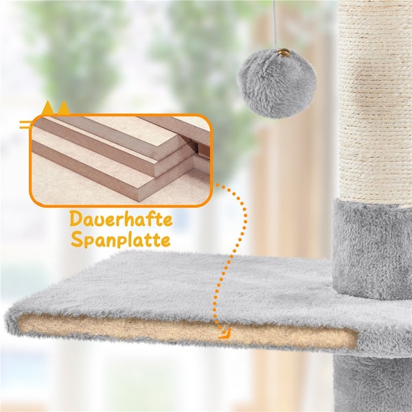 Detailaufnahme einer stabilen Spanplatte eines Katzenkratzbaums
