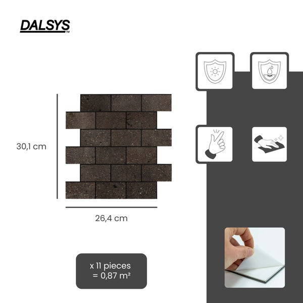 Dalsys Logo. Selbstklebende Mosaikfliesen, 30,1 mal 26,4 Zentimeter. 11 Stück für 0,87 Quadratmeter. UV-beständig, wasserfest und pflegeleicht.