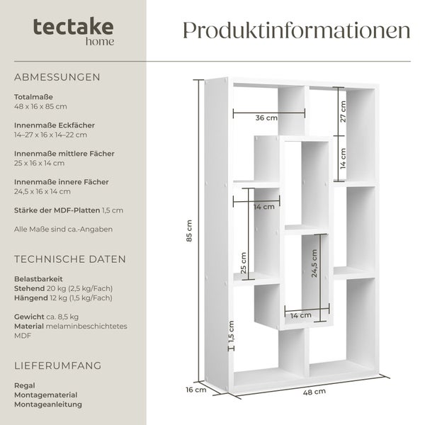 Produktdatenblatt für ein tectake home Regal aus mitteldichter Holzfaserplatte mit Maßen 48 mal 16 mal 85 Zentimeter und Innenmaßen der Fächer.