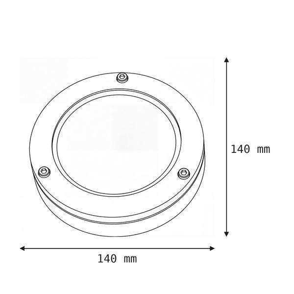 Technische Zeichnung einer runden Einbauleuchte mit Maßangaben 140 Millimeter mal 140 Millimeter.